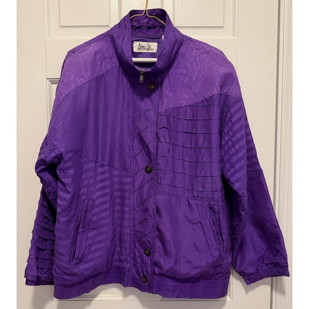 Vintage 90s Ashley Hill Silk Jacket Purple Textured Windbreaker Retro